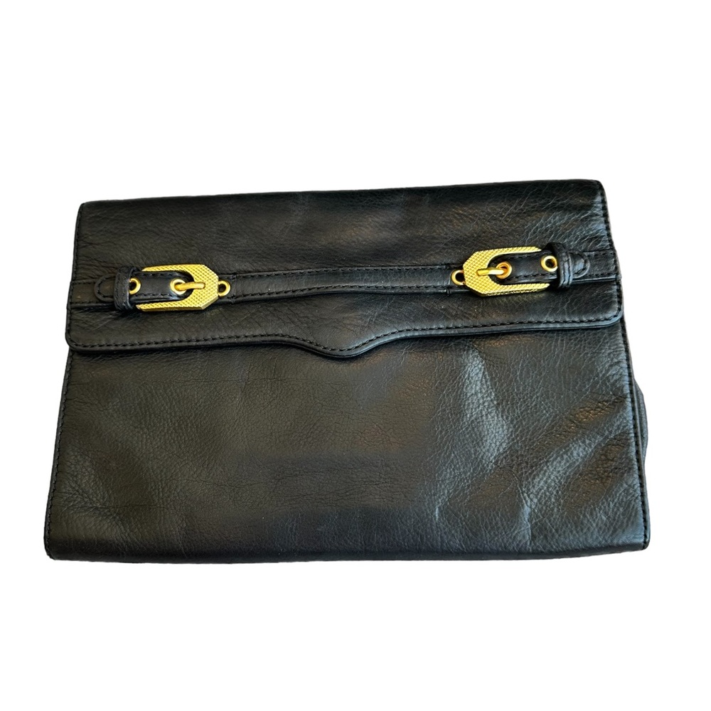 REBECCA MINKOFF Double Buckle Black Leather Clutch